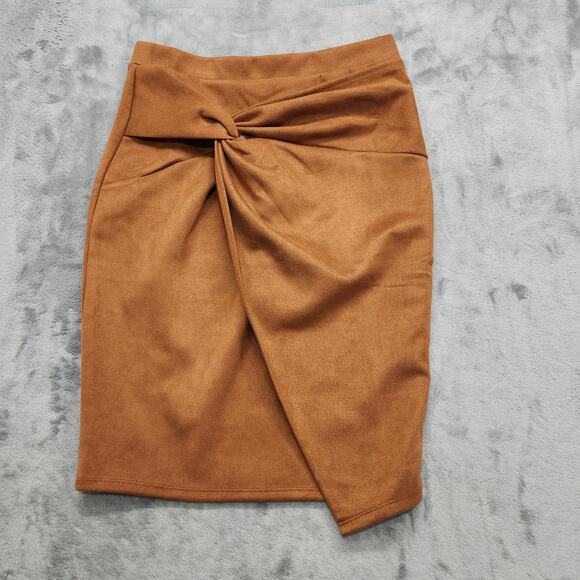 IRIS Skirt Womens M Brown Faux Suede High Waist Front Knot Pencil Stretch Office - Picture 1 of 8